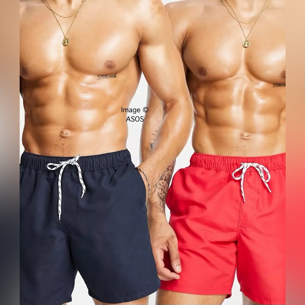 2 Pack Mid Length Swim Trunks Shorts Solid Colors 1 Navy and 1 Red Waist 40-42
